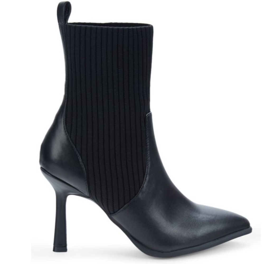 MIA Black Knit Pointed Toe Stilleto Heel Boot 3” Faux Leather Women’s 9 NWOT